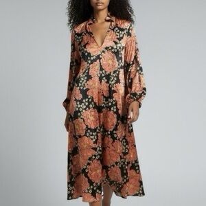 Zara Floral Velvet Puff Sleeve Kaftan Midi Dress, Size S
